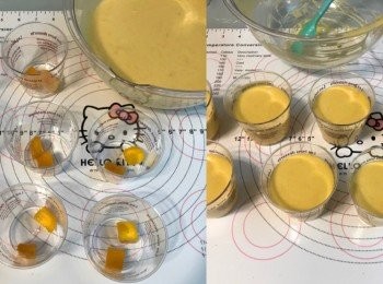 step6: 在每個容器內放上適量芒果粒，倒入芒果奶糊，輕"噔"兩下，放入雪柜，4小時後可以享用