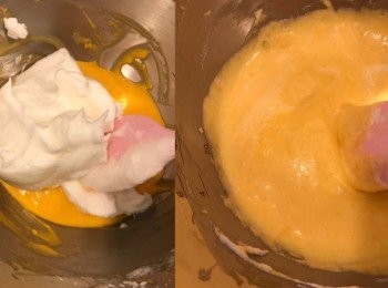 step5: 將1/3蛋白霜加進蛋黃糊內用切拌式輕手拌勻