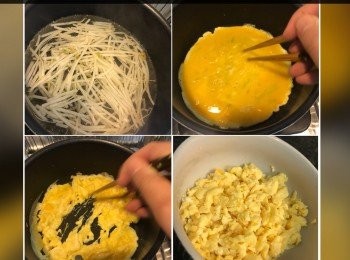 step2: 芽菜滾水灼約一分鐘瀝乾備用，雞蛋炒成蛋鬆
蛋鬆做法：
放1大匙油，用中火燒熱後，將蛋液倒入。
蛋液稍微凝固就用筷子大幅度不停攪動，直到蛋液全部熟透。