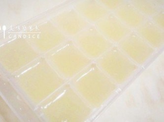 step5: 擠好的檸檬汁，倒入製冰盒，冰入冰箱冷凍。(如圖)