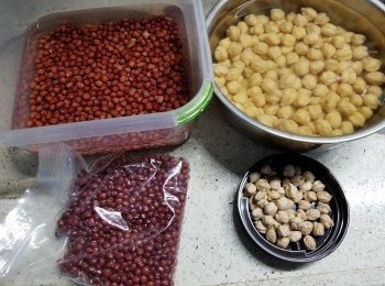 step1: 150g鷹咀豆及150g紅豆分別用水浸一晚超過12小時,待豆充份索水(眉豆不用太早處理)