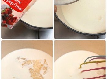 step5: 餘下的牛奶、淡忌廉和糖加熱，糖溶了後放入魚膠片；