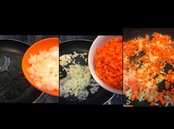 step4: 大火，下油炒香洋蔥同甘筍至軟身。