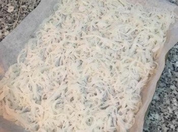 step4: 烤盤上鋪烘焙紙,將脫水後的蘿蔔私均勻鋪滿,一公斤約鋪了兩盤，接著將兩盤都放入烤箱中,溫度設60-70度,烘烤1小時，30分鐘後請略微翻動一次,