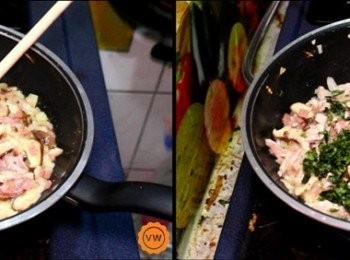 step7: 接著再放入已事先切成條狀的松阪豬肉，炒至變色熟透後，再放入切成細末的九層塔及香菜拌匀。