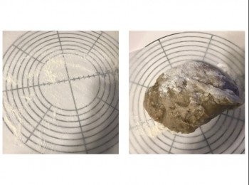 step8: 檯面鋪上牛油紙，灑上糕粉，將香蕉糕放上，再灑少許糕粉在上面，放上牛油紙，用麵棍碌平