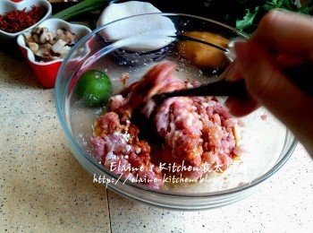 step5: 薑汁放入豬肉內 , 再加入<span class="group_2">醃料</span>拌勻靜待15分鐘