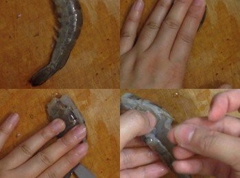 step7: 蝦身中間要開一刀，有兩種方法：
方法一：用小刀從背部頂端開始由頭至尾劃開一刀，再挑去蝦腸