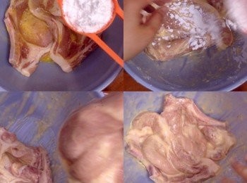 step4: 之後先加入一半生粉揉勻，太稀的話再逐小加入生粉
揉至蛋糊沾緊豬扒，不會有蛋液滴下為止