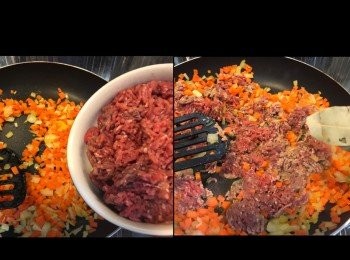 step5: 蔬菜軟身後入加牛肉碎、月桂葉。兜勻。