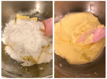 step2: 牛油先室温放軟，將牛油及糖粉用膠刮拌勻