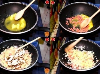step6: 鋪料的作法，基本上不需要再另外調製披薩醬，也蠻好吃的唷！ 
先將奶油放入已預熱的鍋中，依序放入火腿丁炒香，再放入洋蔥末炒至軟化且釋出甜味之後，再放入香菇片炒至出水軟化有香氣。