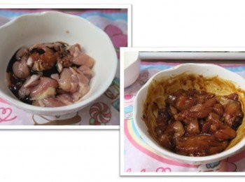 step5: 然後加入少量雞汁、老抽和麻油腌一腌雞脾肉，約15分鐘，然後備用。