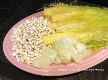 step1: 粟米鬚浸泡，洗淨；生熟薏米浸泡，糖冬瓜沖洗乾淨。