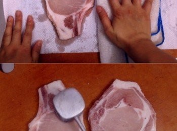 step1: 帶骨豬扒先洗淨抹乾，用鬆肉鎚或刀背拍鬆