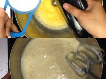 step5: 再分三次加砂糖以高速打發，總共打發7分鐘
至打蛋器拿起，蛋糊有明顯痕跡