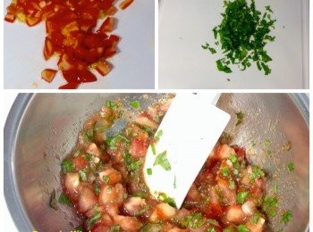 step3: 蕃茄丁放入小鋼盆中， 加入蒜末、 番茄醬、 羅勒混合;  再與鹽和粗黑胡椒粒混勻