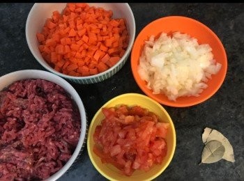 step2: 切甘筍粒、洋蔥粒、蕃茄粒。
月桂葉洗淨，備用。