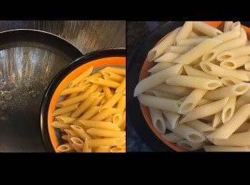 step3: 大火，煮滾水，落一湯匙油，一茶匙鹽煮熟通粉。
約13分鐘。
盛起。