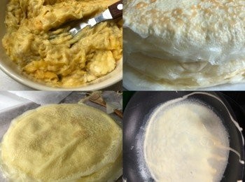 step1: 餅皮麵糊漿：蛋加糖拌勻後加鹽拌勻，加油拌勻，分數次加入粉類拌至冇粉粒，，分數次加入鮮奶拌勻
完成麵糊漿後過篩。