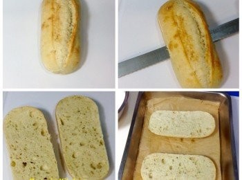 step2: 法國麵包橫向切一刀，分成兩半; 牛蕃茄切小丁；蒜切末；羅勒葉切細碎