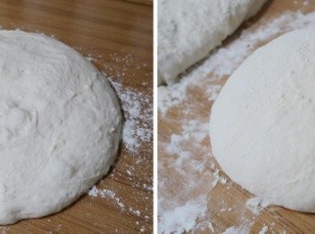 step5: 基本發酵完成，手上、工作檯面、均撒上適量麵粉，
小心輕柔取下麵糰，用不過度破壞氣體的翻折方式，
滾圓整形成表面光滑麵糰，
(注意:因麵糰十分濕黏，所以要多練習即可掌握住方法和訣竅)