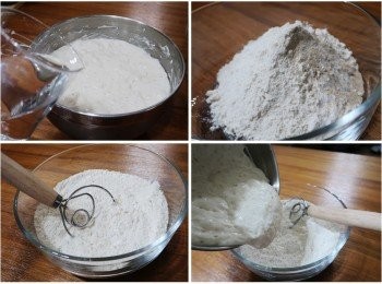 step2: <span class="group_2">最終麵糰材料</span>中的水125g，溫度約35~36度c，加入步驟1所有<span class="group_1">液種材料</span>中，
(順著液種周圍加入，除了幫助液種活化也較好鬆脫)
<span class="group_2">最終麵糰材料</span>中高筋麵粉250g、細海鹽10g、速發酵母1.5g拌勻，
再倒入已添入水的液種全部，然後混拌均勻。