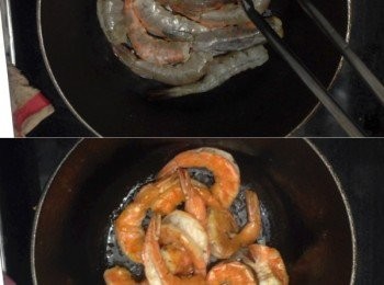 step15: 燒熱鍋子，下油（多一點也不怕），下蝦身，大火將蝦煎至8成熟，夾起備用