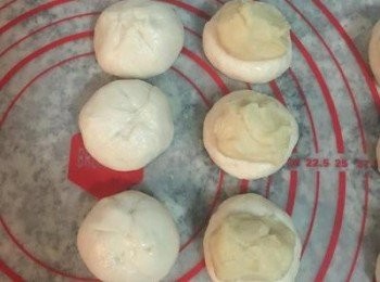 step10: <span class="group_3">油酥</span>秤重後等分為6顆，略微揉圓壓在<span class="group_2">水油皮</span>上；接著用<span class="group_2">水油皮</span>將<span class="group_3">油酥</span>包起來，開口要捏緊，並依序排好。