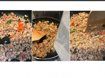 step6: 肉變七成熟加入4紅辣椒。
加入約三湯匙嘅水，快速炒令肉變得更碎快熟。