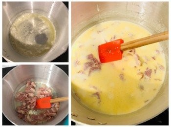 step4: 180度預熱焗爐10分鐘
燒熱小鍋，將有鹽牛油煮熔，加入煙肉炒香，將淡忌廉和鹽加入煮滾，熄火