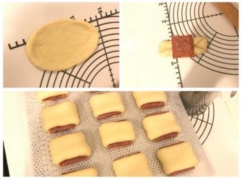 step6: 將麵團用木棍擀成長形，反轉，光滑面向下，兩邊對摺，放1塊午餐肉在上面，兩邊摺起，包好，修口向下，放在焗盤上
在麵團上噴些少水，蓋上保鮮紙，放入密閉空間內發酵約50分鐘至兩倍大