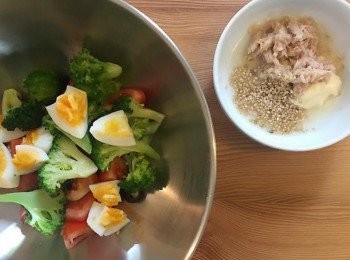 step5: 將煮熟雞蛋切塊，將所有<span class="group_1">食材</span>放入大盆中與<span class="group_2">鮪魚醬</span>攪拌均勻。