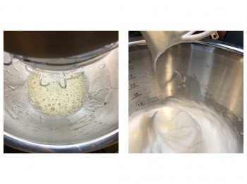 step1: 用中速打散蛋白至白色起泡，分三次加入糖打至廷身起勾（第一、二次用高速，在加第三次糖時轉中速打至起勾），再用慢速打半分鐘