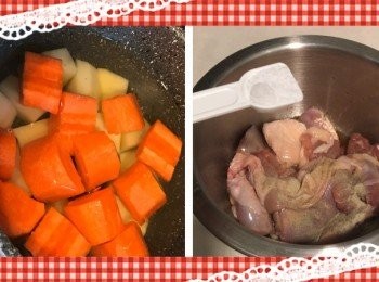 step1: 把甘筍、薯仔去皮切粒， 加少量鹽至水中，稍煮一下至半熟，待用。

把雞肉切粒，用<span class="group_2">醃料</span>醃15-20分鐘， 待用。