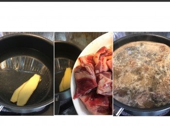 step3: 牛肋條氽水。
凍水下薑片及牛肋條。
水滾之後盛起牛肋條備用。