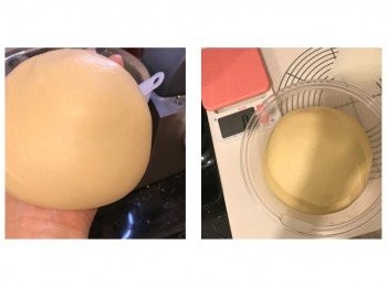 step3: 將打好的麵團滾圓，放在已噴油的盆中，用保鮮紙包好，放在密閉空間發酵45-60分鐘至兩倍大