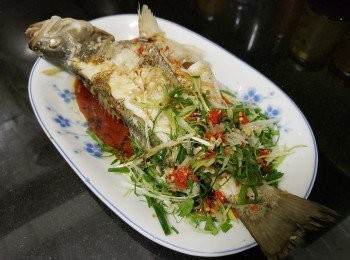 step6: 做法 :

將鱸魚清洗後 , 用廚紙吸乾水份上碟 , 在鱸魚上放少少薑絲 , 辣椒碎放入蒸爐 , 水滾計蒸 6 分鐘 , 預備滾油爆香蒜頭 . 乾蔥 , 將蒸好的爐魚取出 , 倒去魚水放上蔥花 , 將滾油淋上 , 加少少生抽 , 完成 .