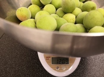 step4: 梅子上磅決定冰糖和清酒重量。（舉例：梅1200克：冰糖600克：清酒1800ml）