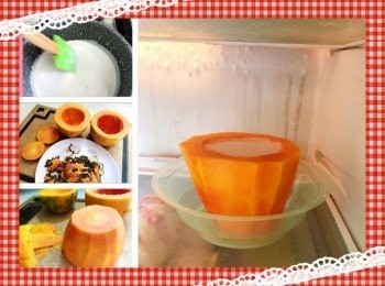 step1: 把椰漿、糖用小火煮開，把魚膠粉同步慢慢倒進椰漿裡， 一邊倒一邊不停攪拌，避免魚膠粉結塊， 攪至全溶解後， 關火， 隔篩一次，待涼備用。

把木瓜頭尾切掉（不要切太深， 避免穿底）， 再一分為二，然後把所有木瓜籽取出挖乾淨。把木瓜皮小心刨掉。

把涼卻的椰漿倒入木瓜內， 然後放入雪櫃冷藏至少3小時。