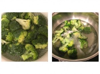 step2: 西蘭花沖洗後切開，用清水浸5分鐘
㷛滾一鍋水，放入西蘭花及少許鹽，滾3分鐘