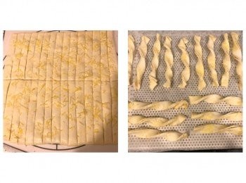 step6: 用刀𠝹成條狀，扭成波浪形，灑鹽