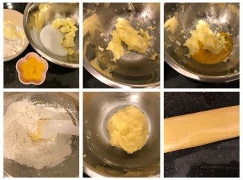 step10: 菠蘿包皮做法：
1、無鹽牛油從雪櫃取出即切細粒，加入糖搓勻
2、加入蛋液搓勻
3、將已過篩粉類加入搓勻，放雪櫃冷藏半小時備用