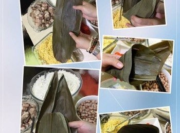 step8: (可以正式開始包糭了) 
用 2 塊糭葉疊齊，然後在1/3位置向內屈 ，形成倒三角形狀，(留意糭葉滑身向面，澀身向底)