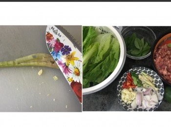 step3: 用刀背拍香香茅切碎。
切3乾蔥、4紅辣椒、1蒜蓉、2檸檬葉去徑莖。
唐山菜洗淨備用。