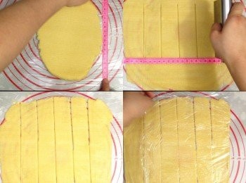 step5: 撻邊方面，墊板一樣先放上保鮮紙
麵團再桿平（這次要薄一點，以透得到底部為佳）
由於這次用六個cupcake模做撻
老娘的cupcake模圓周為21cm，想要高度大概4cm
所以先捍開一個21cm x 24cm（4 x 6） 的長方形，再分成6份長條，
一樣包好保鮮紙入雪櫃半小時令其硬身