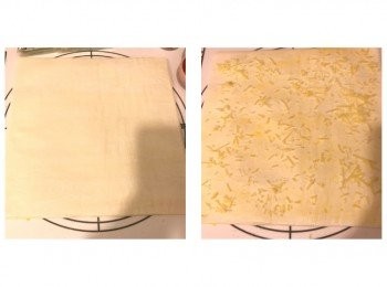 step4: 將第二塊酥皮放在上面，掃上蛋液，灑上適量芝士碎