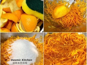 step2: 果皮用海綿在流動的水中仔細徹底刷洗乾淨， 再用清水清洗至少三次，用果皮專用刮刀把外皮刮下（ 不要刮到白膜，白膜會苦！）。
果皮：糖：水＝1 : 1 : 1 的比例浸泡約30分鐘，先以小火煮滾（約3-4分鐘）， 再繼續熬煮到汁液減少一半為止 （邊煮邊拌），趁熱立刻裝入已消毒的玻璃罐中（玻璃罐蓋子煮20-30秒， 玻璃罐煮1-2分鐘）， 倒扣放涼，入冰箱冷藏保存約2-3個月（可多作一些放入冰箱冷凍，保存期限更久！）