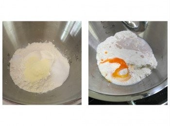 step1: 除牛油外，先將乾材料放入盤內用慢速搞勻，加入濕材料（留起30g鮮奶逐少加入）用1速攪3分鐘，之後轉2速攪3分鐘
**注：酵母也可先用10g用水搞勻，與其他濕材料一起放入盤內