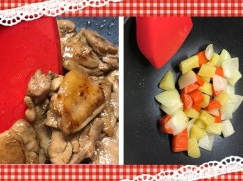 step2: 把雞件炒至皮脆金黃，7、8成熟便盛起備用。

用少量油開鑊，先把洋蔥炒香，再加甘筍薯仔下去炒至微金黃。